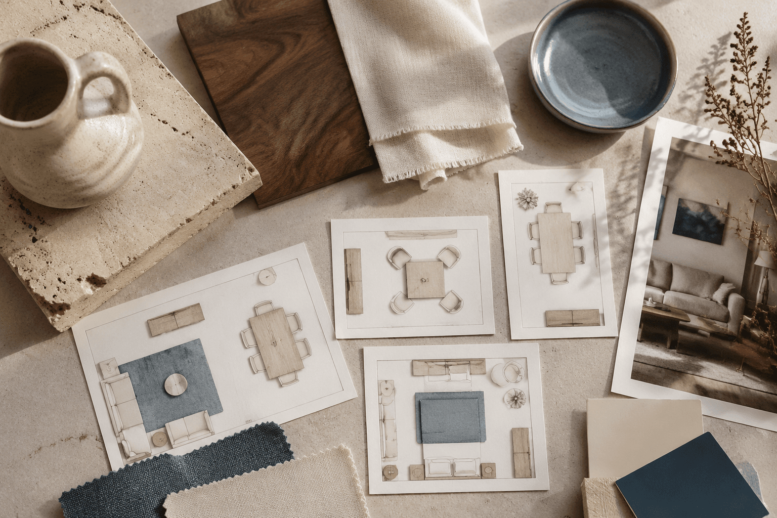 A flat lay of continental apartment furniture scale boards with travertine, walnut and linen swatches