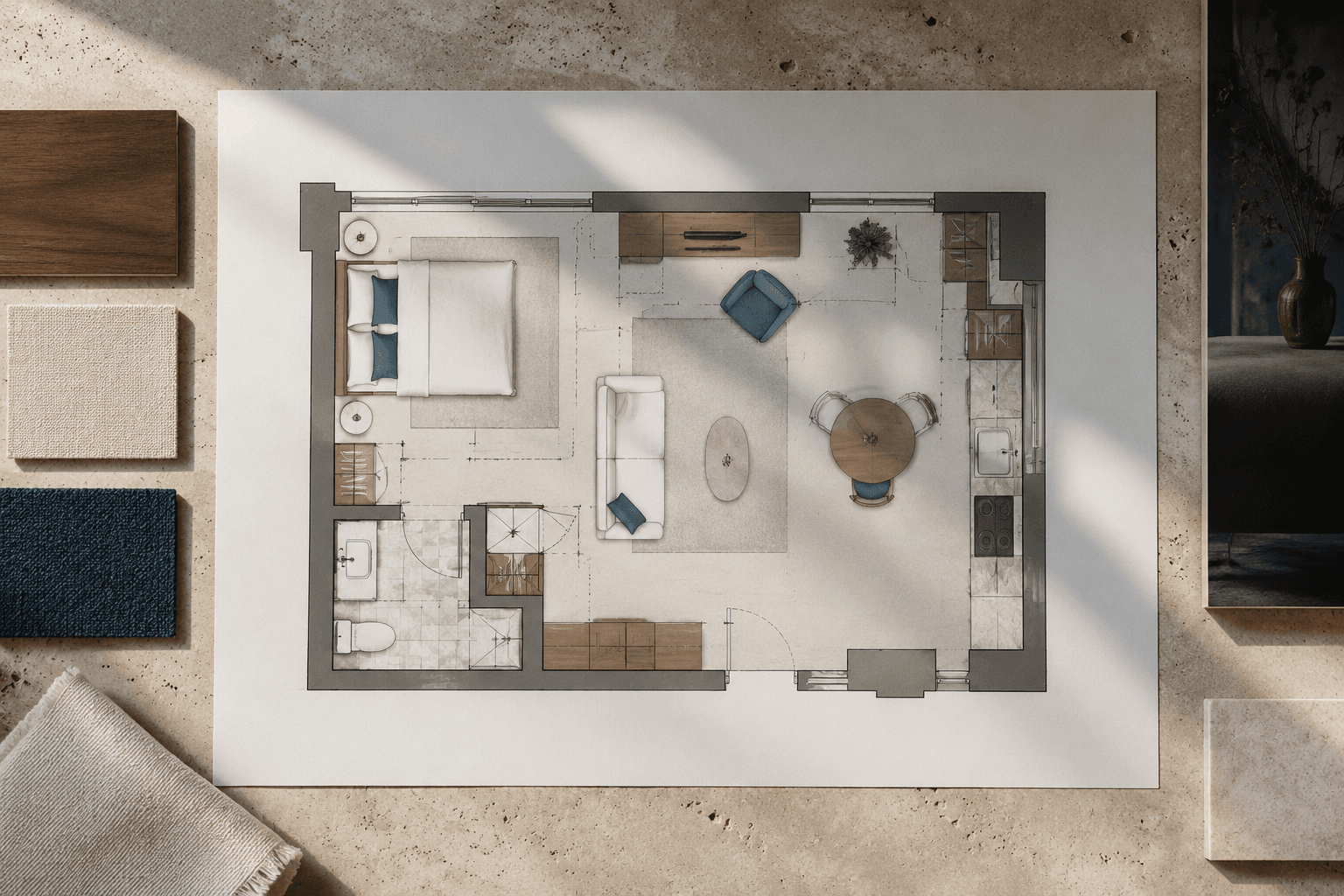 A printed room scale board card showing furniture footprints and clearance gaps