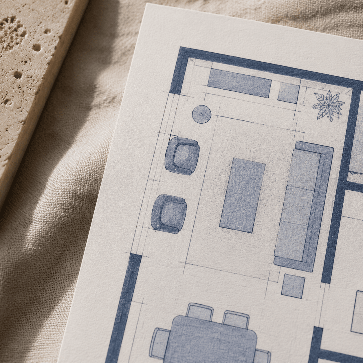 A printed room layout card showing furniture footprints and clearance gaps